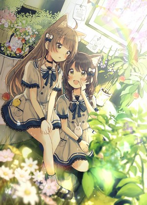 Two anime girls with cat ears in a garden