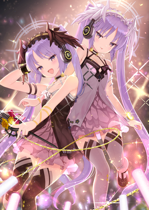 Two anime girls with purple hair and headphones