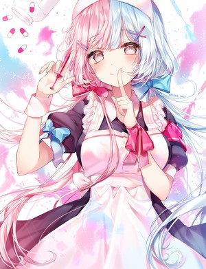 Anime girl with pink and blue hair holding syringe