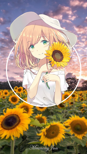 Anime girl with sunflower in a field at sunset