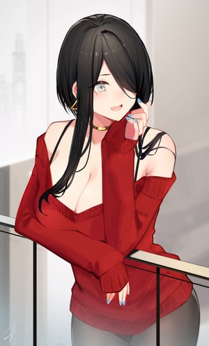 Anime girl with black hair and red sweater