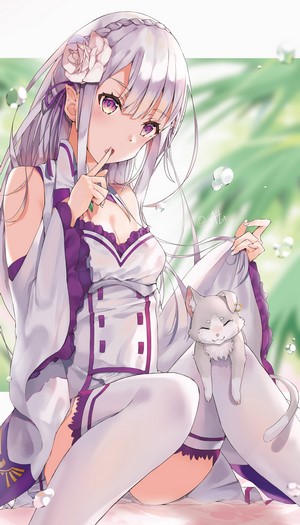 Emilia from Re:Zero with a cat