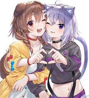 Nekomata Okayu and Inugami Korone Portrait Art