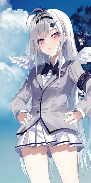 Anime girl with silver hair and wings in school uniform