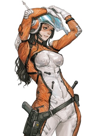 Woman in futuristic orange and white suit with helmet and pistol