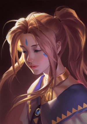 Anime girl with blue markings on face and ponytail
