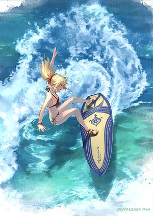 Mordred surfing on a wave