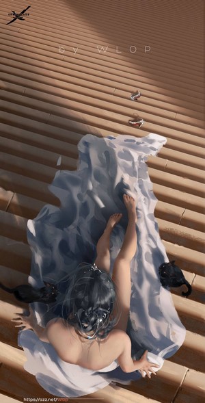 Fantasy girl with cats on stairs by WLOP