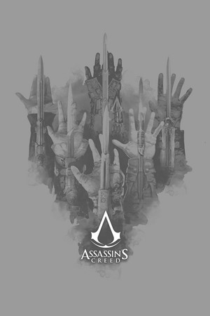 Assassin's Creed logo with multiple hidden blades and hands