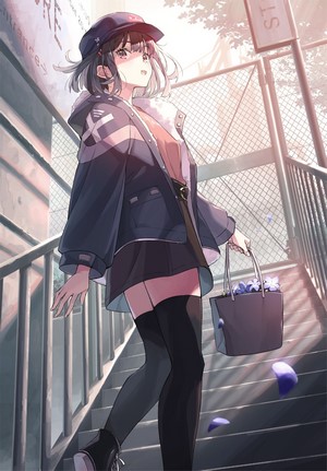 Anime girl with dark hair and hat on stairs