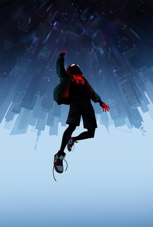 Miles Morales from Into the Spider-Verse swinging through a city