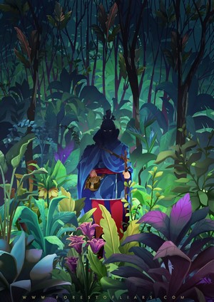 Figure in a dark blue cloak in a dense forest