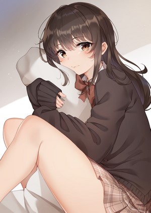 Anime girl with brown hair holding a pillow