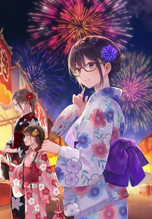 Anime girls in yukatas watching fireworks