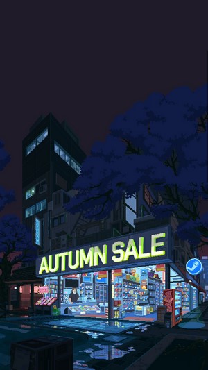 Pixel art convenience store with "Autumn Sale" sign