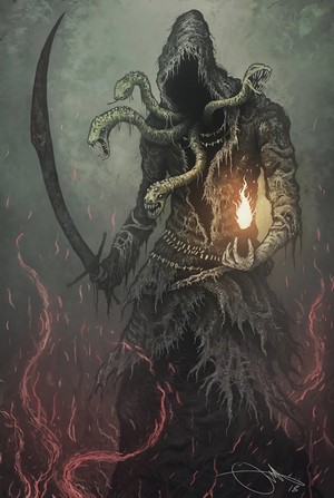 Grim Reaper creature with snakes and a scythe