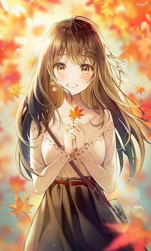 Smiling Anime Girl with Autumn Leaves by Yuna Pang
