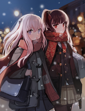 Two anime girls in winter coats and scarves walking in the snow
