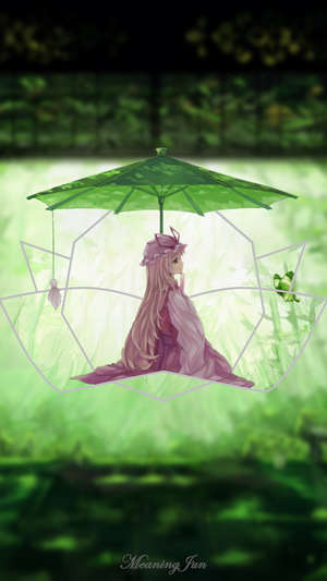 Yakumo Yukari with a parasol in a bamboo forest