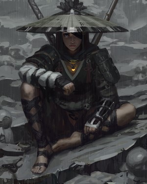 Fantasy warrior woman with katana and eyepatch