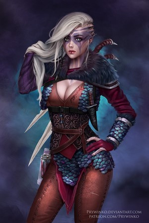 Woman with silver hair and face paint holding blades