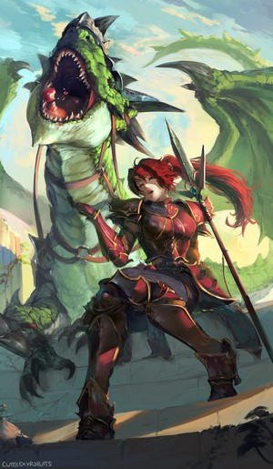 Redhead warrior with spear fighting a dragon