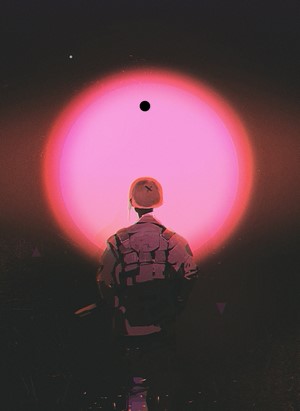 Soldier in front of a pink sun, artwork by Alex Mabb