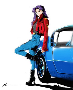 Katsuragi Misato from Neon Genesis Evangelion with a blue car