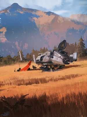 Spaceship landed in a grassy field with mountains