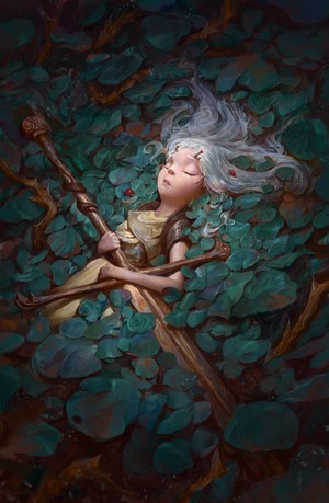 Young girl sleeping among leaves with a staff