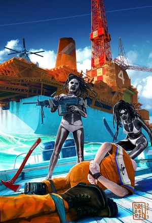 Two women with guns on an oil rig with captured men