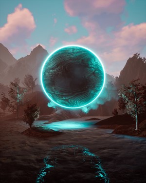 Glowing Cyan Orb Over Misty Landscape