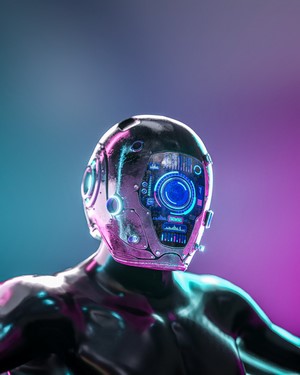 Futuristic robot with cybernetic helmet and glowing blue eye