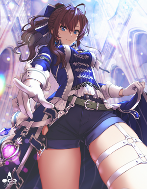 Anime girl in blue outfit with brown hair and blue eyes