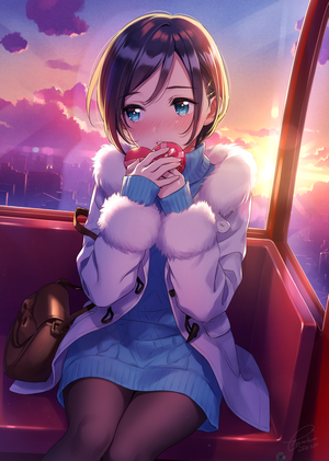 Anime girl eating apple in Ferris wheel at sunset