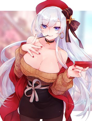 Belfast from Azur Lane eating Pocky