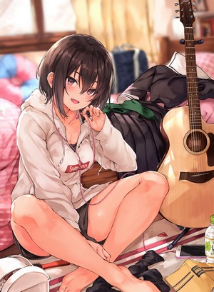 Anime girl with headphones and guitar