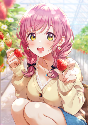 Anime girl with pink hair holding strawberries