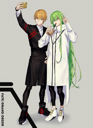 Gilgamesh and Enkidu from Fate/Grand Order taking a selfie