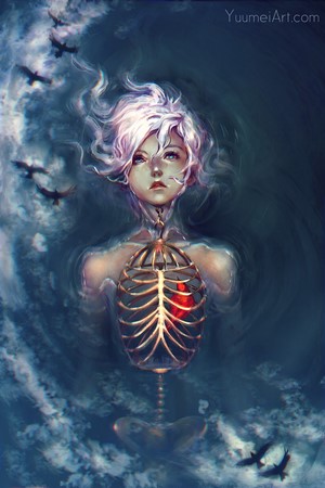 Artwork of a woman with a caged ribcage and a red heart