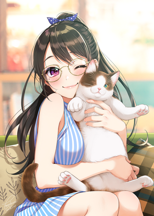 Anime girl with glasses holding a cat