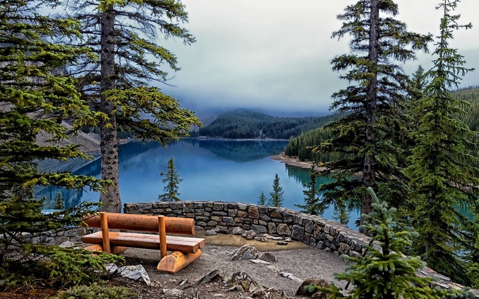Wooden bench overlooking a blue lake and forested mountains