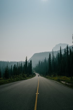 Car on a road through a forest with mountains