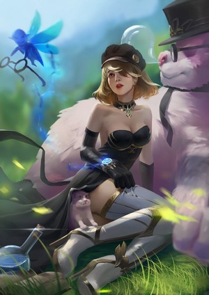 Girl with blonde hair and a pink creature in a forest