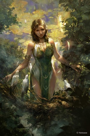 Fantasy woman in green dress with birds in nature