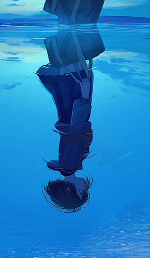 Anime girl in school uniform reflected in water
