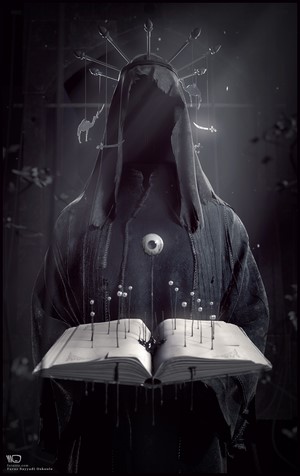 Dark figure with an eye and a book