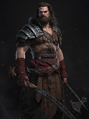 Barbarian Warrior with Sword and Battle Axe