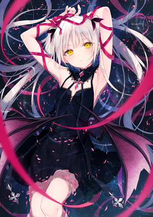 Anime girl with white hair and yellow eyes in a black dress