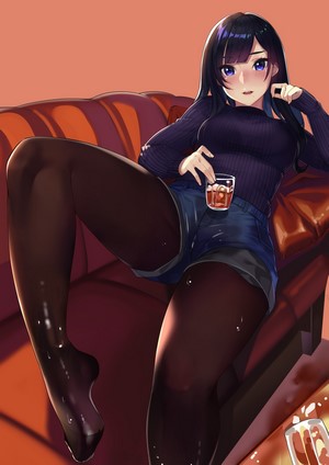 Anime girl in tights and shorts holding a drink